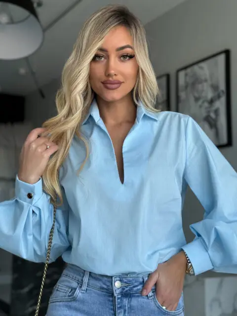 Helesinine puhvis varrukatega pluus puhvis varrukatega pluus