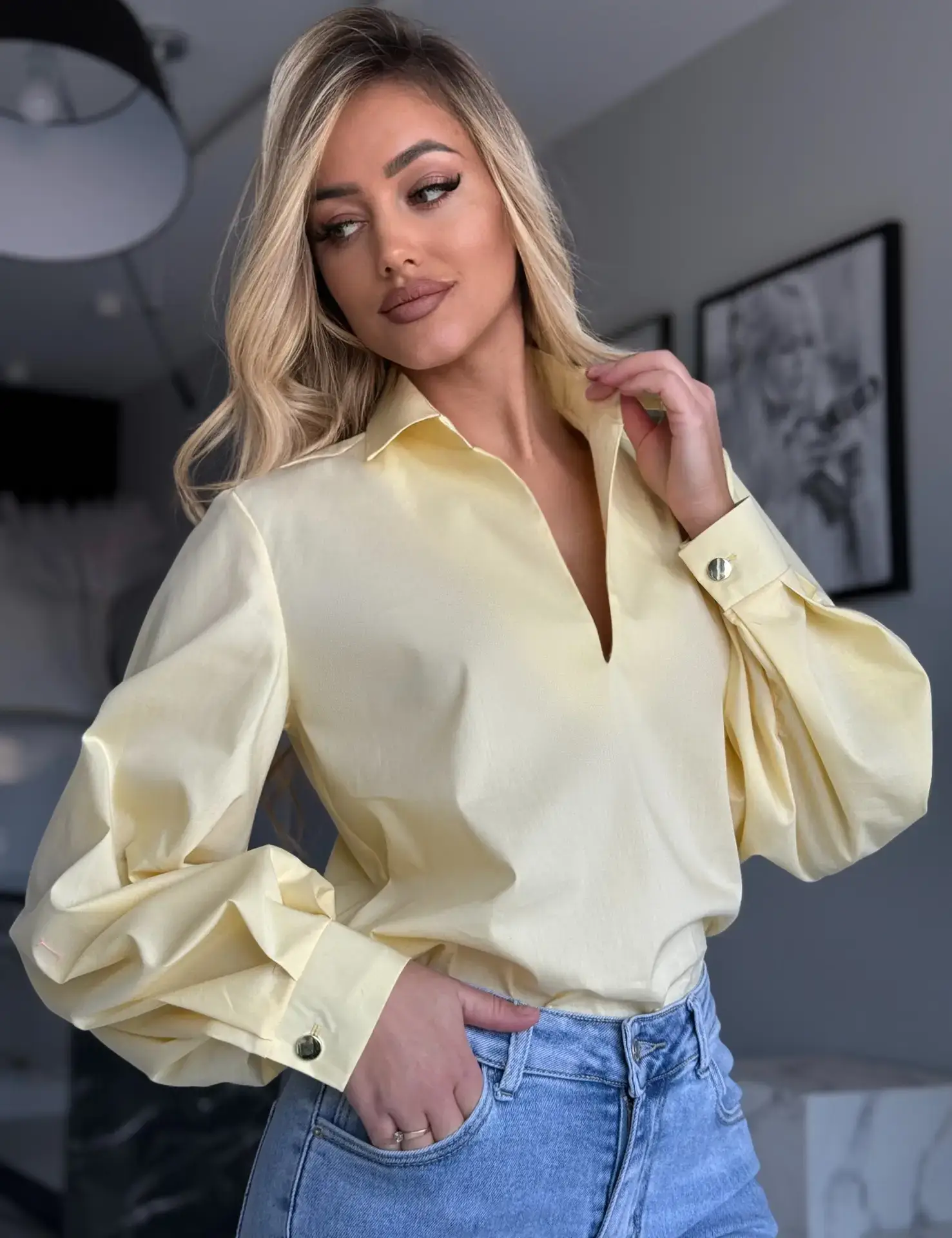 Helekollane puhvis varrukatega pluus puhvis varrukatega pluus