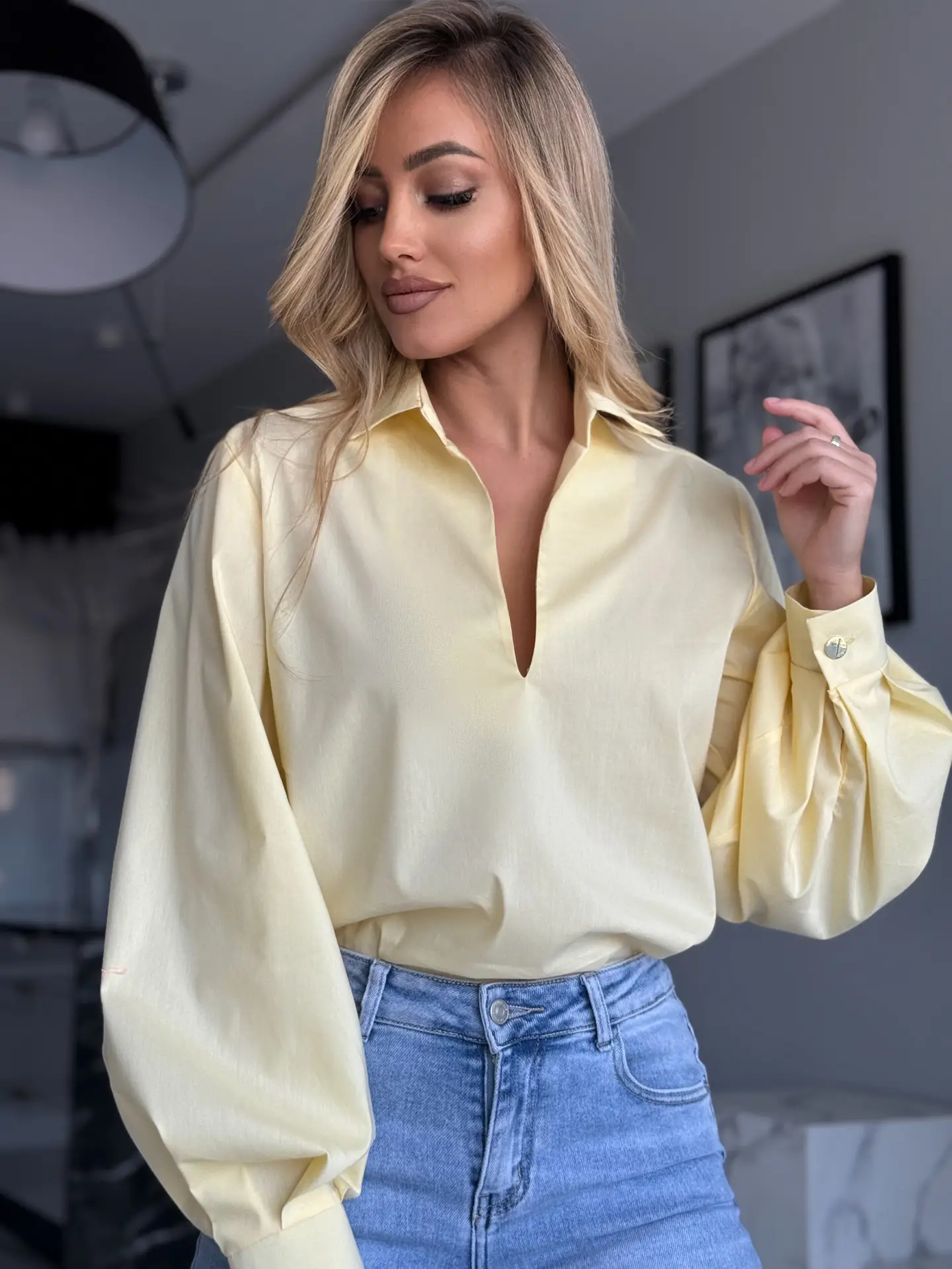 Helekollane puhvis varrukatega pluus puhvis varrukatega pluus