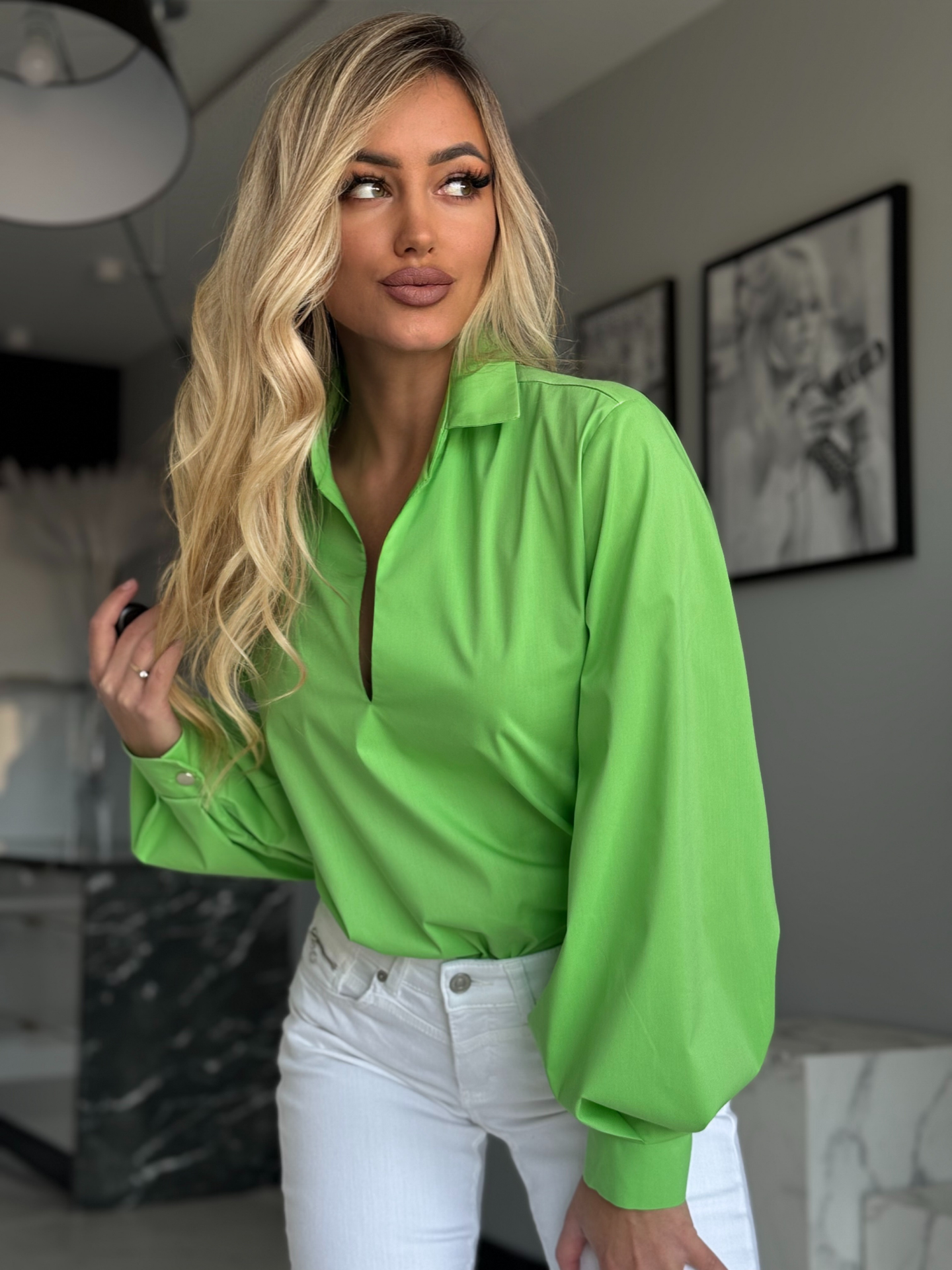 Roheline puhvis varrukatega pluus puhvis varrukatega pluus