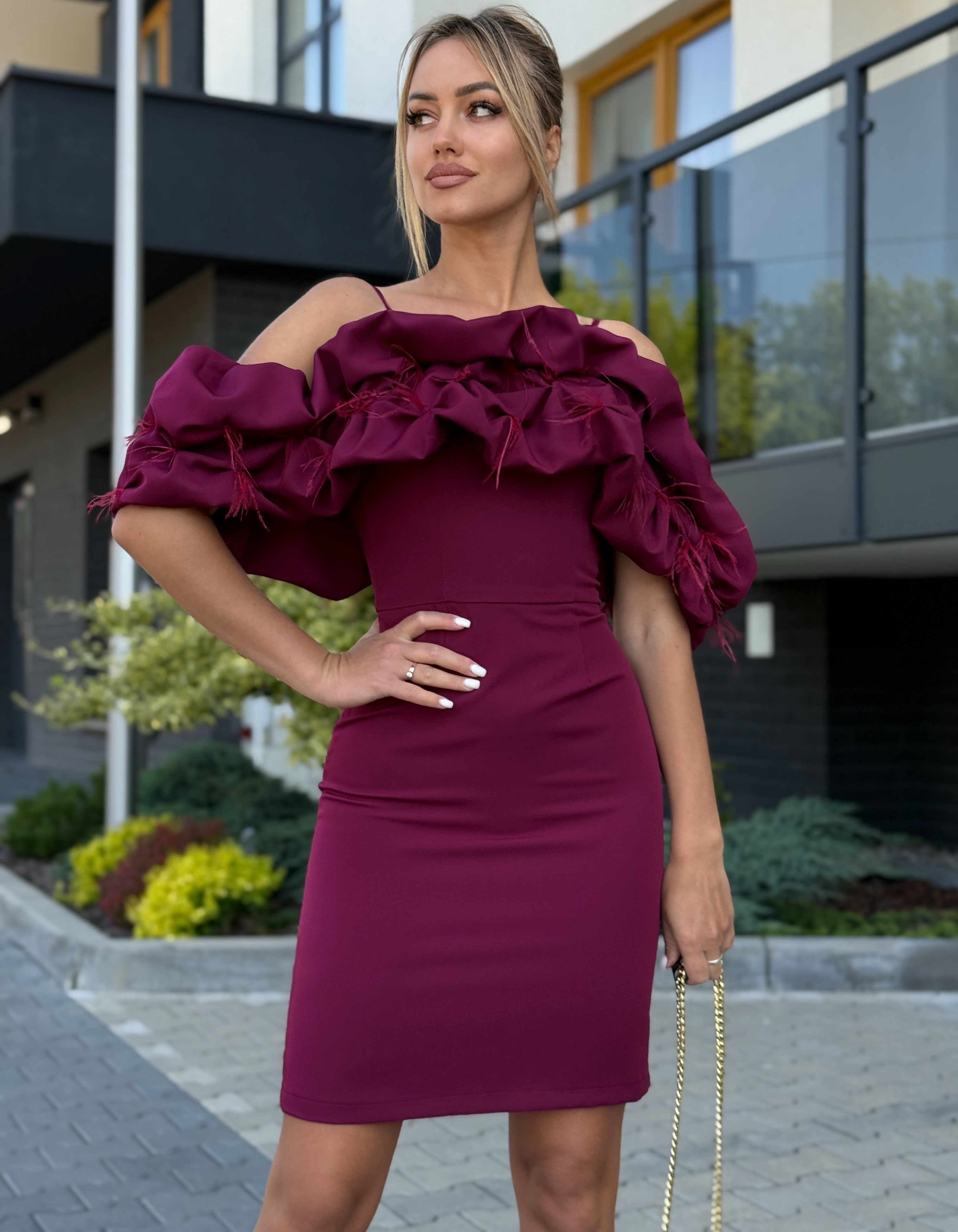 Burgundia lühike pidulik kleit offshoulder