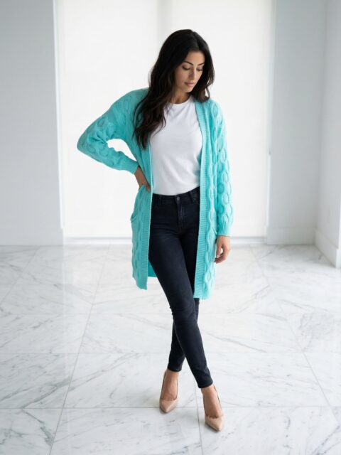 Helesinine kootud kardigan poolpikk kardigan