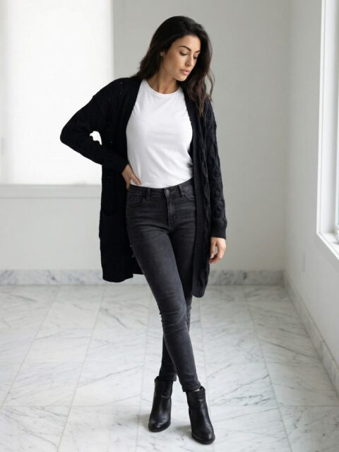 Must kootud kardigan poolpikk