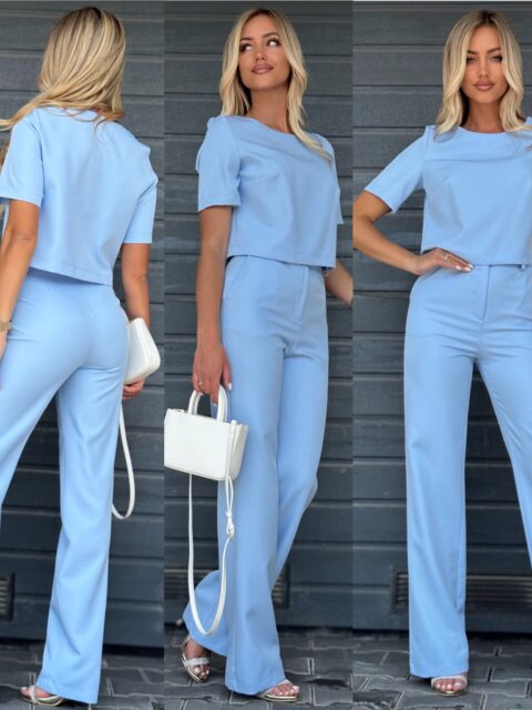 Helesinine viisakate pükste ja pluusiga komplekt